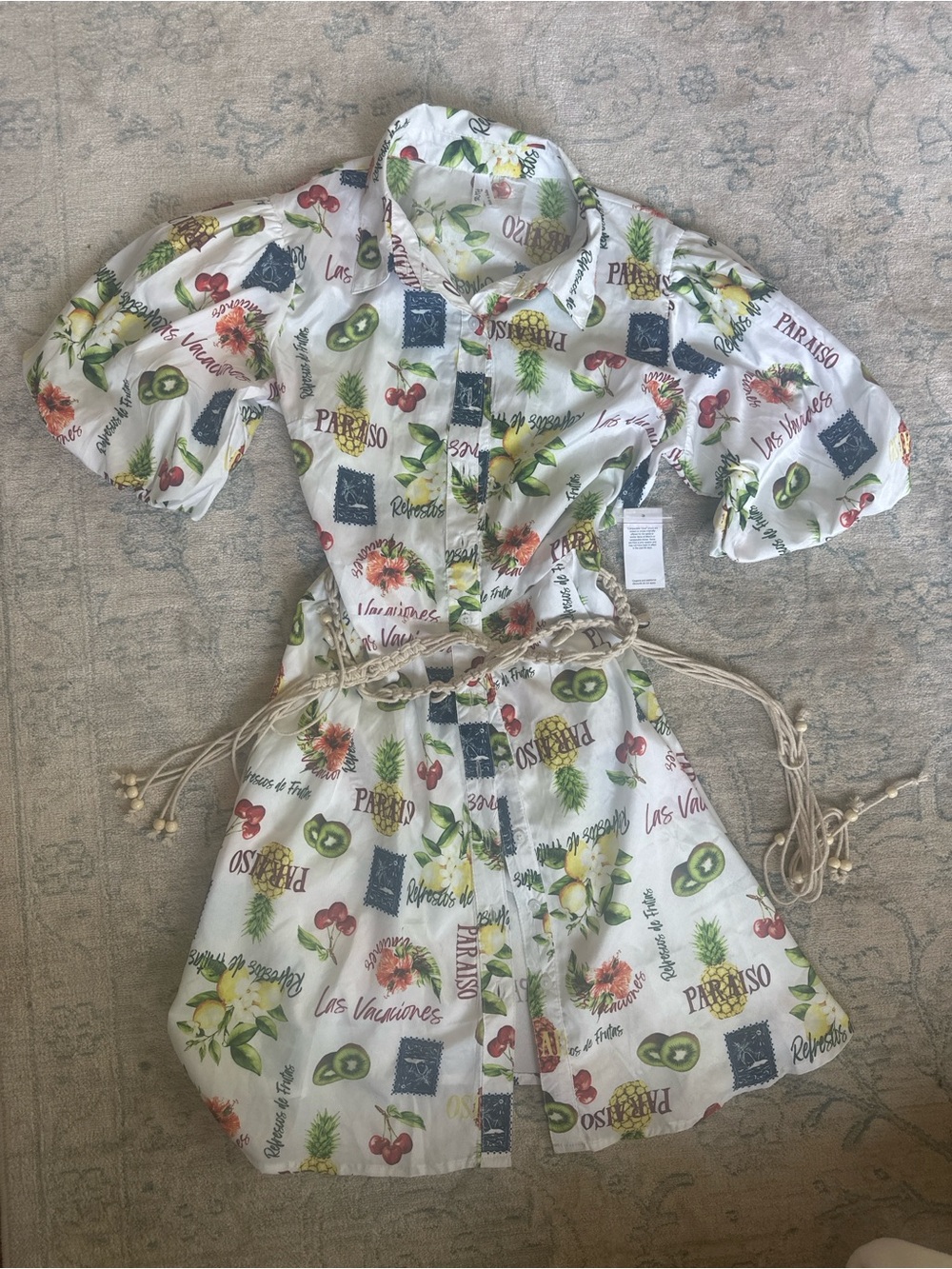 Truth NYC Fruit Print Shirt Dress Size L Belted Tropical Vacation Button Front